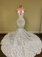 Fashion White Halter Backless Mermaid Flower Bottom Prom Dress